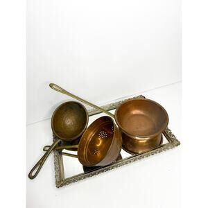 Antique 3-piece Hanging Copper Brass Casting Set, Copper Colander, Antique coppe
